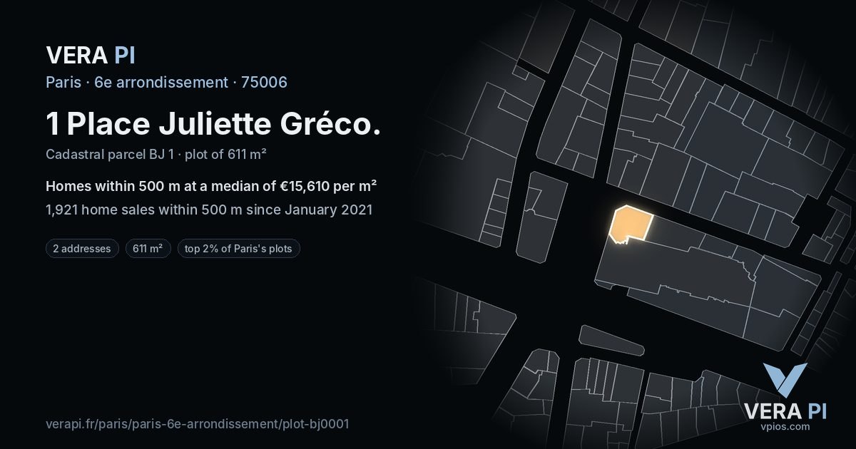 1 Place Juliette Gréco, 6e arrondissement at night – the plot lit, the parcels around coloured by the prices near them