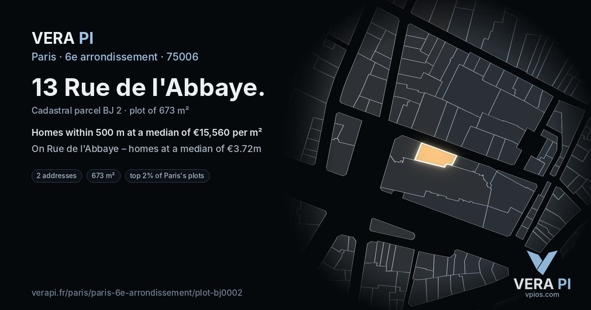 13 Rue de l'Abbaye, 6e arrondissement at night – the plot lit, the parcels around coloured by the prices near them