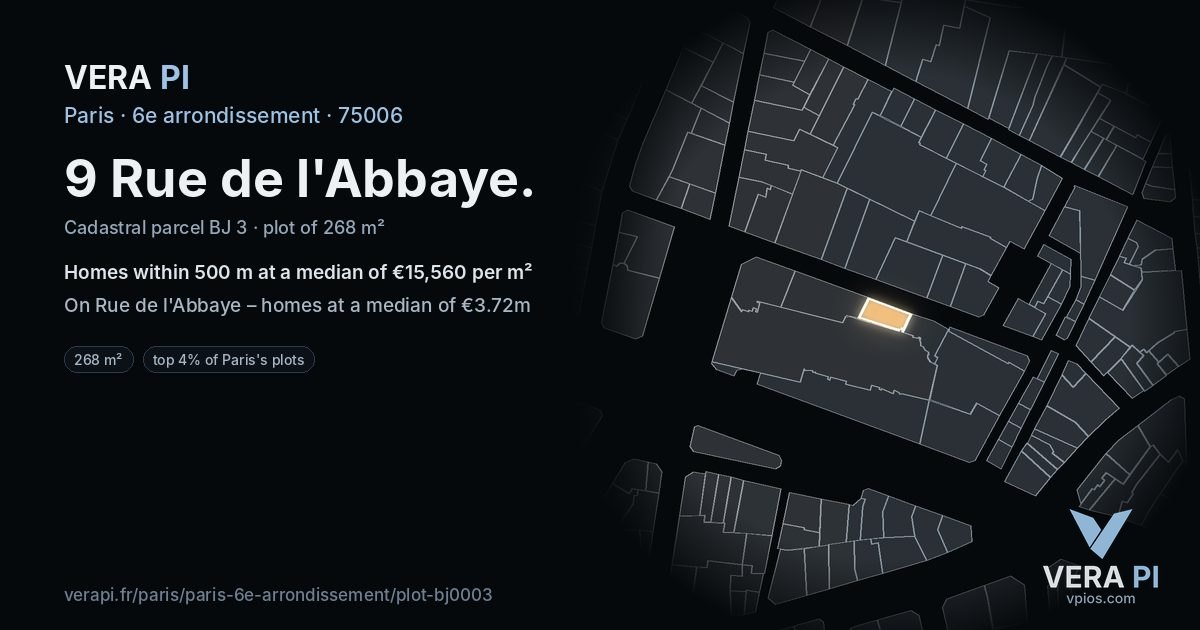 9 Rue de l'Abbaye, 6e arrondissement at night – the plot lit, the parcels around coloured by the prices near them