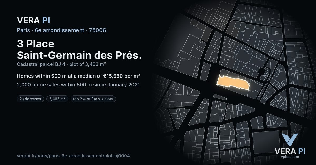 3 Place Saint-Germain des Prés, 6e arrondissement at night – the plot lit, the parcels around coloured by the prices near them