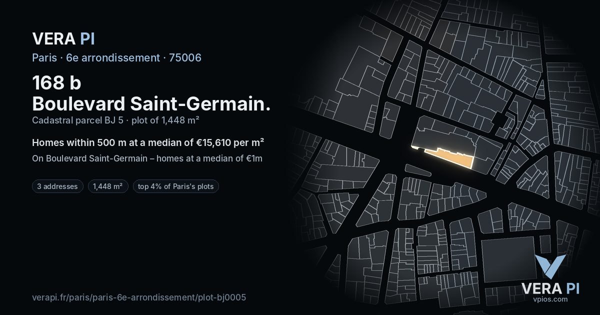 168 b Boulevard Saint-Germain, 6e arrondissement at night – the plot lit, the parcels around coloured by the prices near them