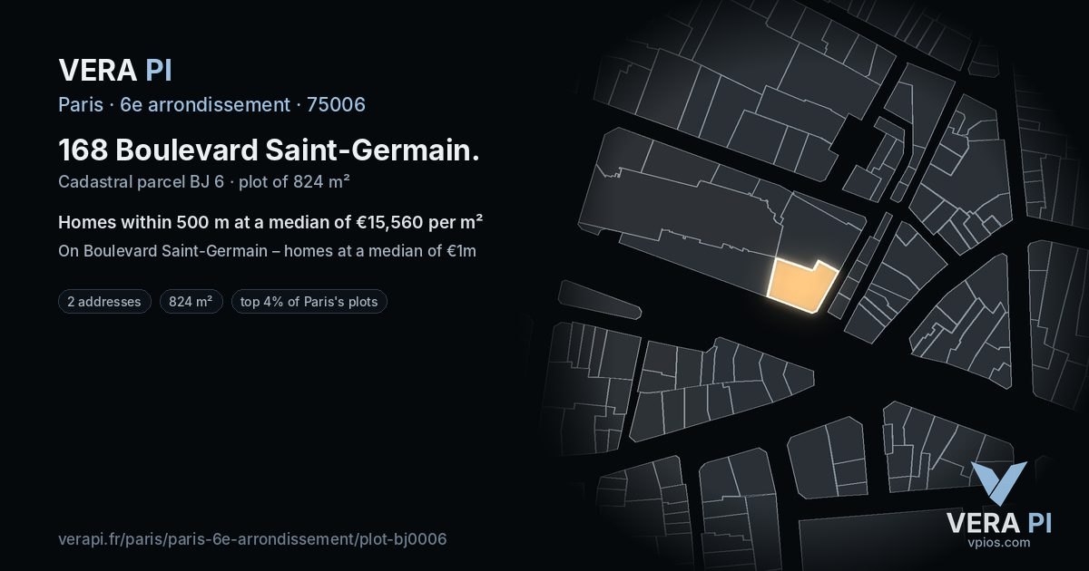 168 Boulevard Saint-Germain, 6e arrondissement at night – the plot lit, the parcels around coloured by the prices near them