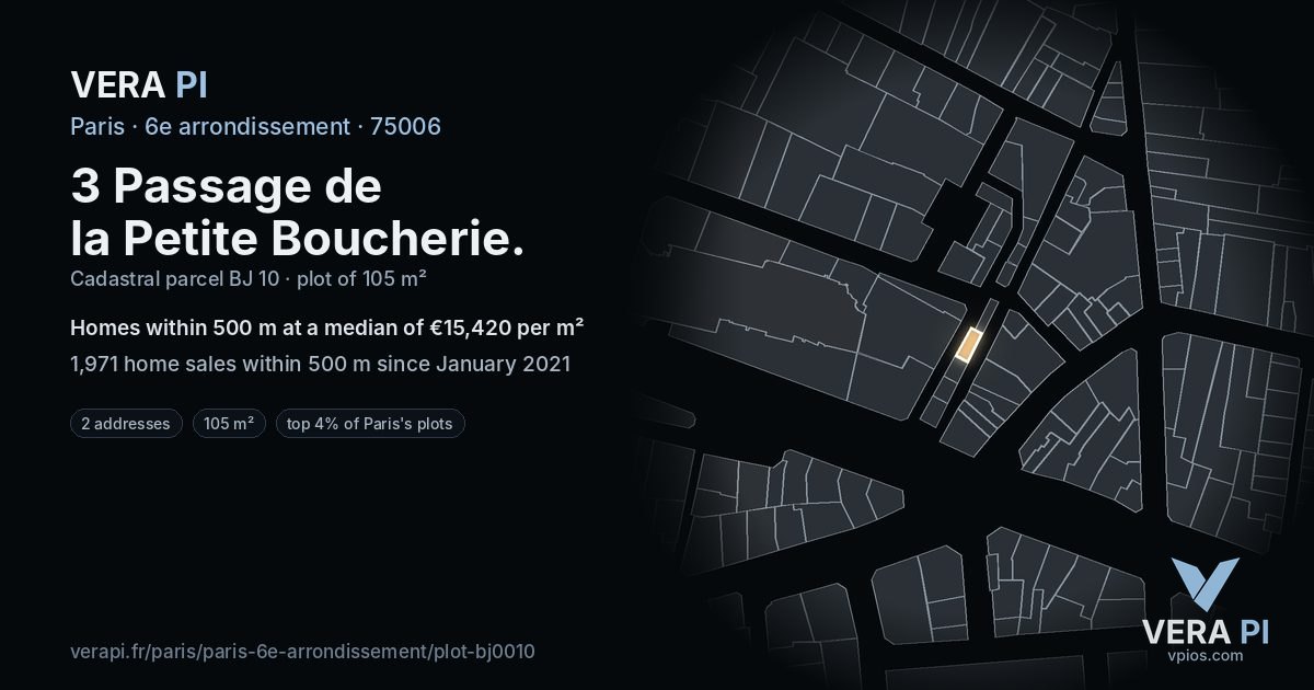3 Passage de la Petite Boucherie, 6e arrondissement at night – the plot lit, the parcels around coloured by the prices near them