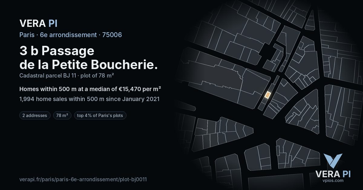 3 b Passage de la Petite Boucherie, 6e arrondissement at night – the plot lit, the parcels around coloured by the prices near them