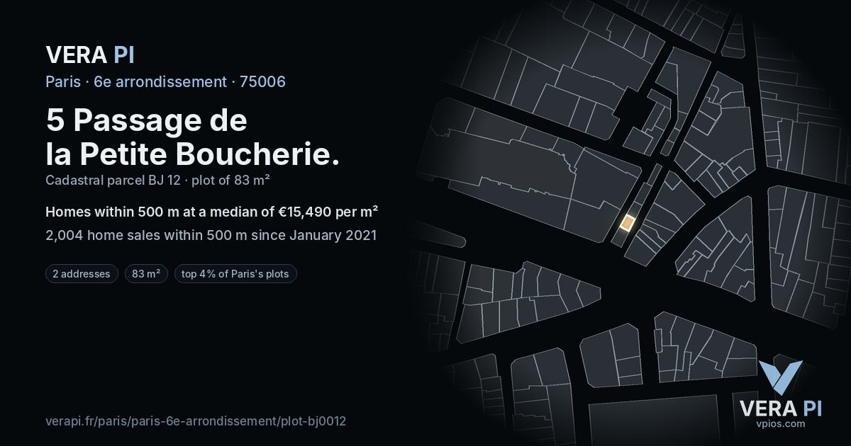 5 Passage de la Petite Boucherie, 6e arrondissement at night – the plot lit, the parcels around coloured by the prices near them