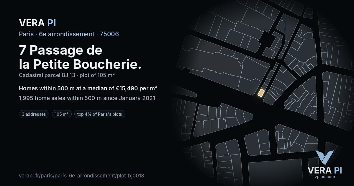 7 Passage de la Petite Boucherie, 6e arrondissement at night – the plot lit, the parcels around coloured by the prices near them
