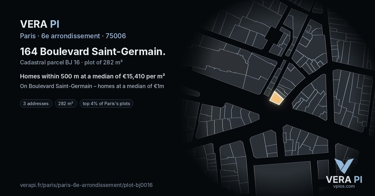 164 Boulevard Saint-Germain, 6e arrondissement at night – the plot lit, the parcels around coloured by the prices near them