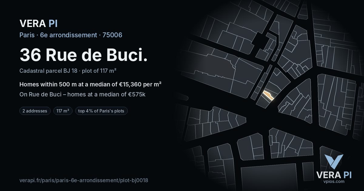 36 Rue de Buci, 6e arrondissement at night – the plot lit, the parcels around coloured by the prices near them