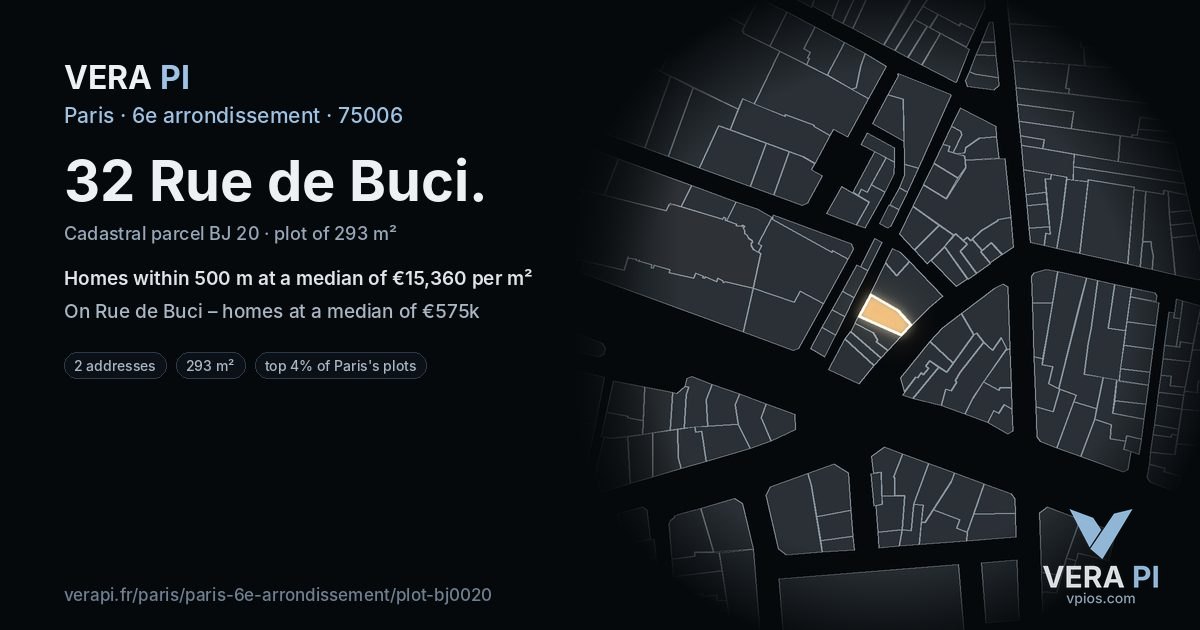 32 Rue de Buci, 6e arrondissement at night – the plot lit, the parcels around coloured by the prices near them