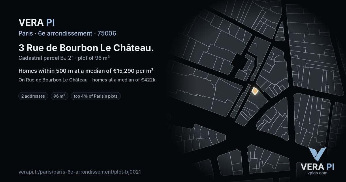 3 Rue de Bourbon Le Château, 6e arrondissement at night – the plot lit, the parcels around coloured by the prices near them