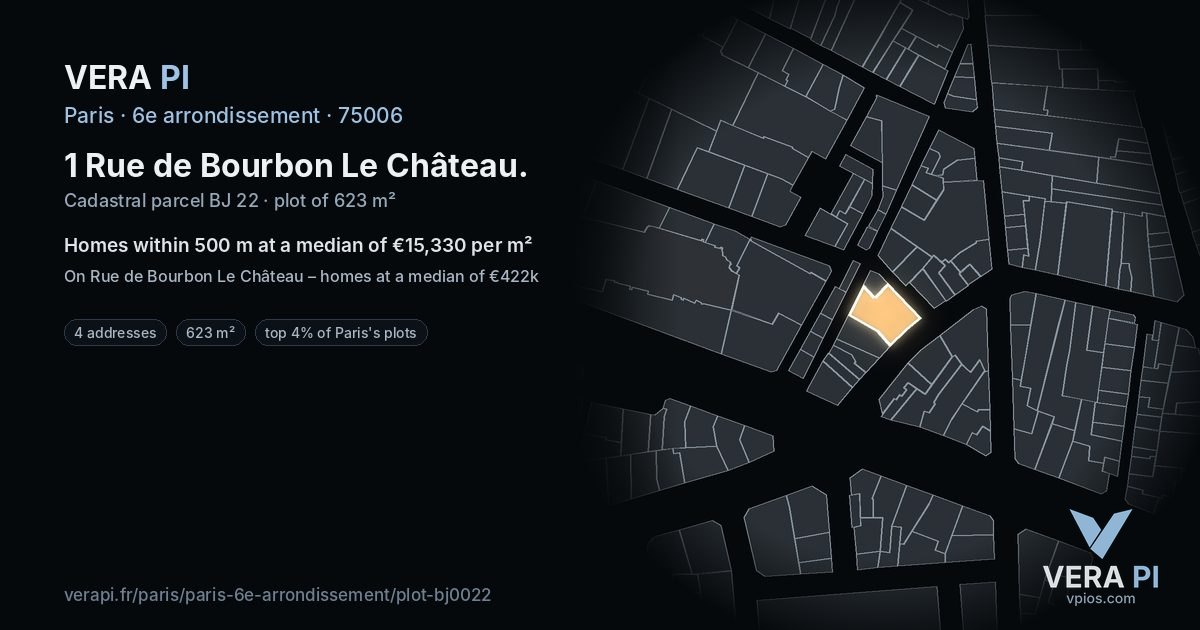 1 Rue de Bourbon Le Château, 6e arrondissement at night – the plot lit, the parcels around coloured by the prices near them