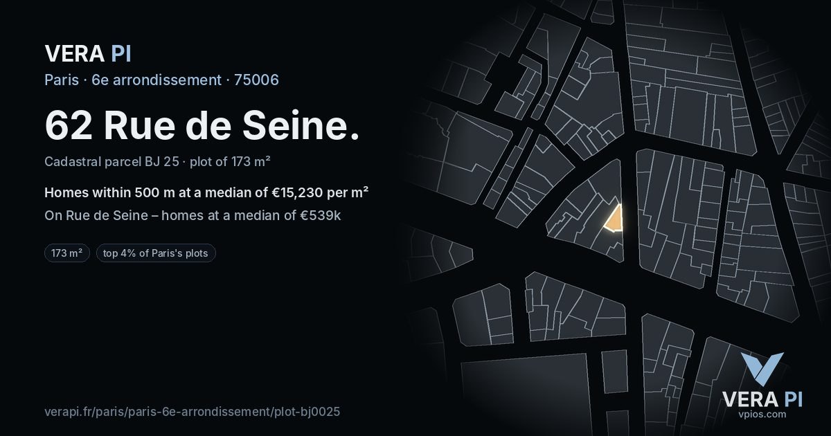 62 Rue de Seine, 6e arrondissement at night – the plot lit, the parcels around coloured by the prices near them