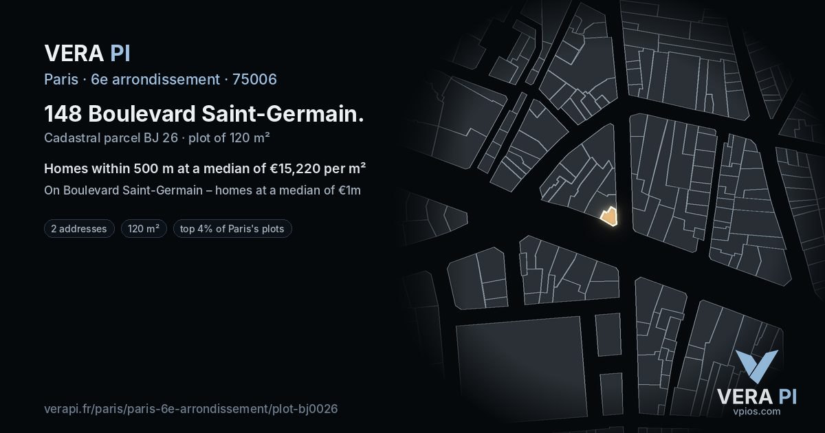148 Boulevard Saint-Germain, 6e arrondissement at night – the plot lit, the parcels around coloured by the prices near them