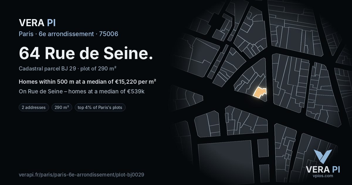64 Rue de Seine, 6e arrondissement at night – the plot lit, the parcels around coloured by the prices near them