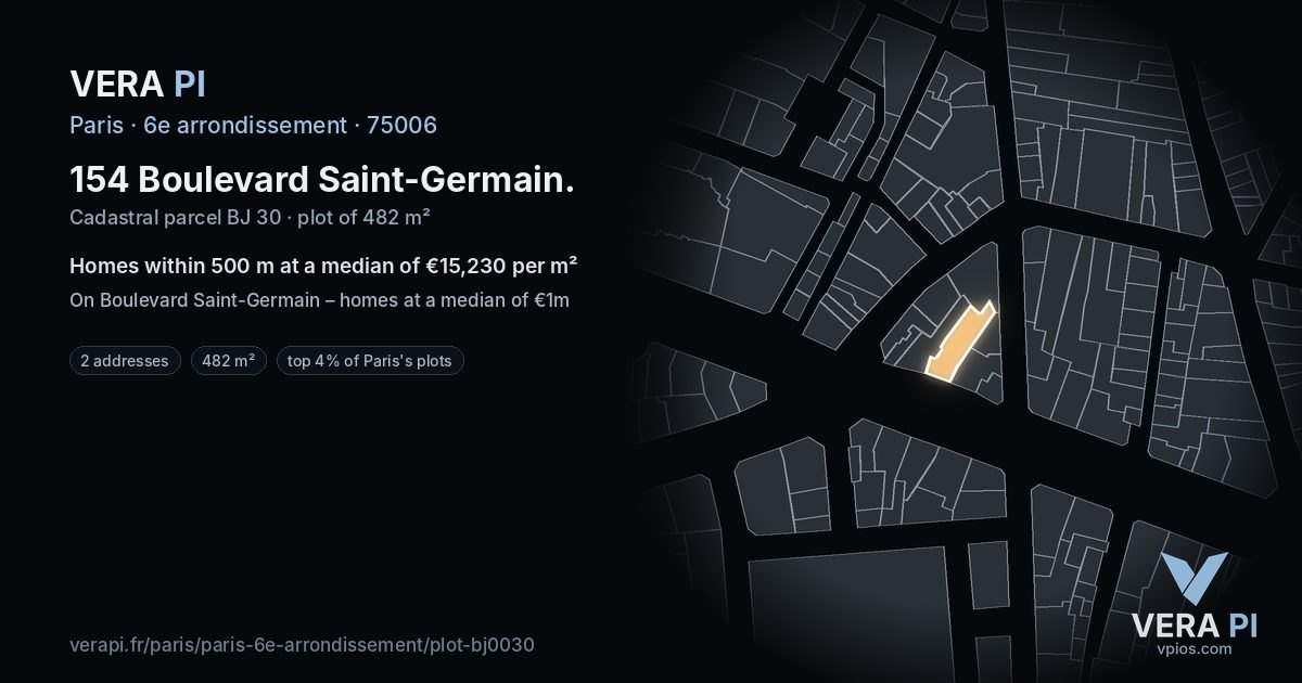 154 Boulevard Saint-Germain, 6e arrondissement at night – the plot lit, the parcels around coloured by the prices near them