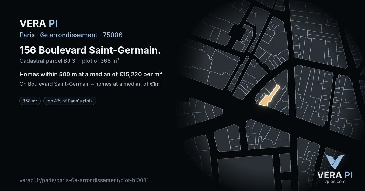 156 Boulevard Saint-Germain, 6e arrondissement at night – the plot lit, the parcels around coloured by the prices near them