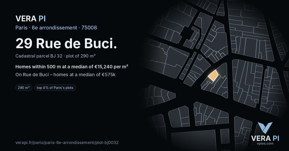 29 Rue de Buci, 6e arrondissement at night – the plot lit, the parcels around coloured by the prices near them
