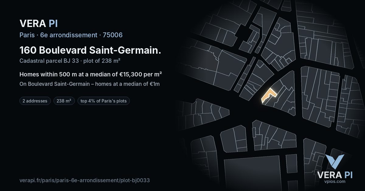 160 Boulevard Saint-Germain, 6e arrondissement at night – the plot lit, the parcels around coloured by the prices near them
