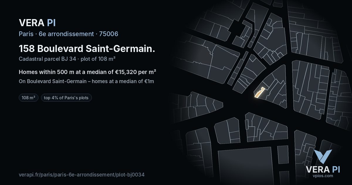 158 Boulevard Saint-Germain, 6e arrondissement at night – the plot lit, the parcels around coloured by the prices near them