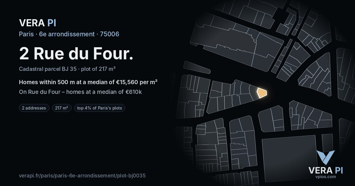 2 Rue du Four, 6e arrondissement at night – the plot lit, the parcels around coloured by the prices near them