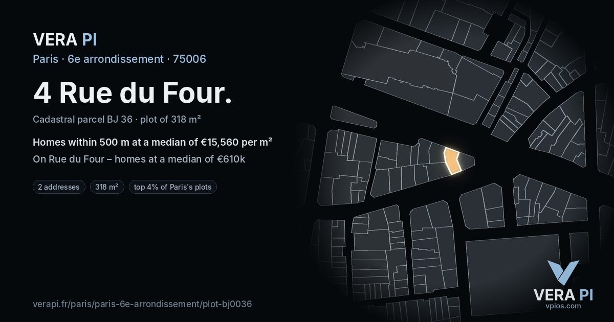 4 Rue du Four, 6e arrondissement at night – the plot lit, the parcels around coloured by the prices near them
