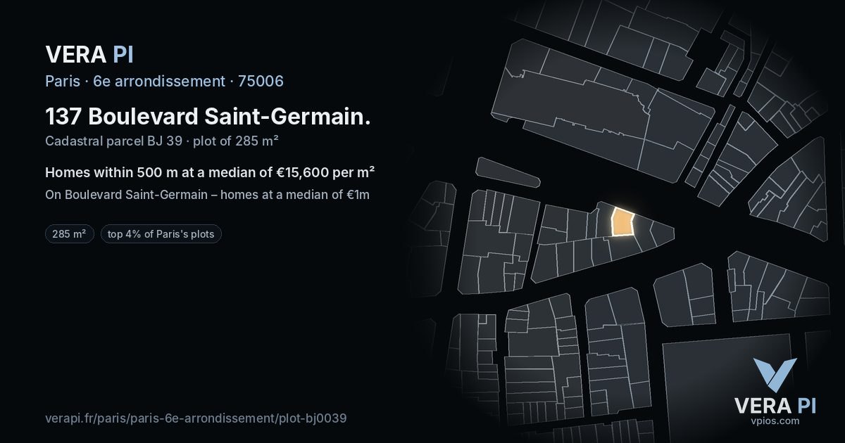 137 Boulevard Saint-Germain, 6e arrondissement at night – the plot lit, the parcels around coloured by the prices near them