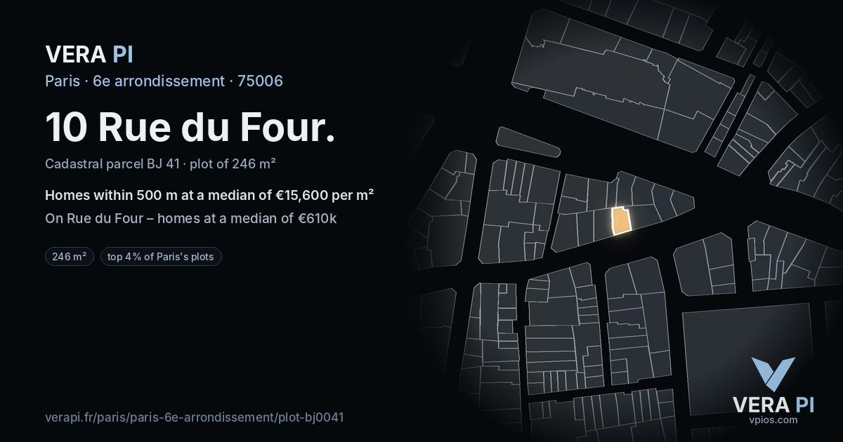 10 Rue du Four, 6e arrondissement at night – the plot lit, the parcels around coloured by the prices near them