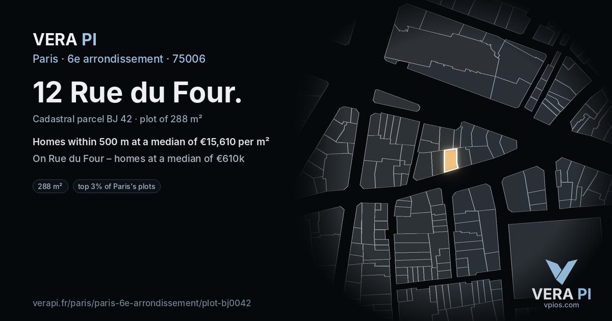 12 Rue du Four, 6e arrondissement at night – the plot lit, the parcels around coloured by the prices near them