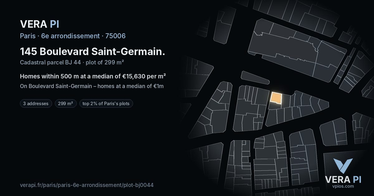 145 Boulevard Saint-Germain, 6e arrondissement at night – the plot lit, the parcels around coloured by the prices near them