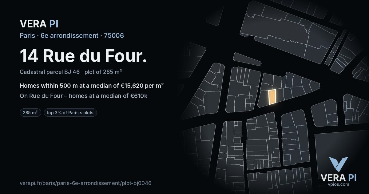 14 Rue du Four, 6e arrondissement at night – the plot lit, the parcels around coloured by the prices near them