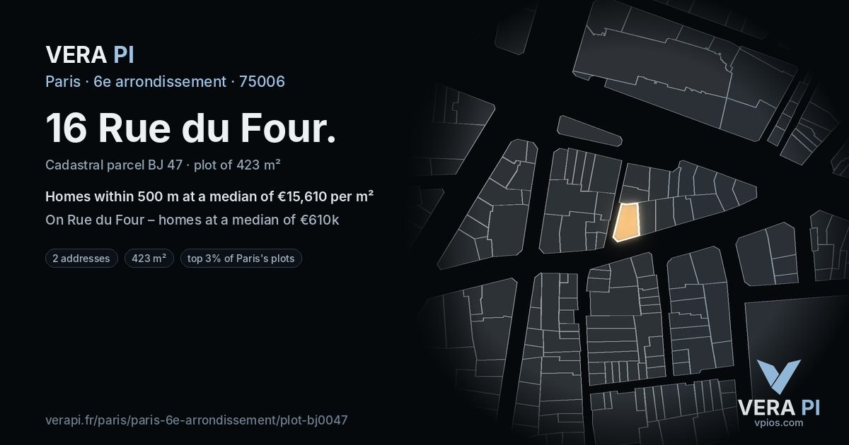 16 Rue du Four, 6e arrondissement at night – the plot lit, the parcels around coloured by the prices near them