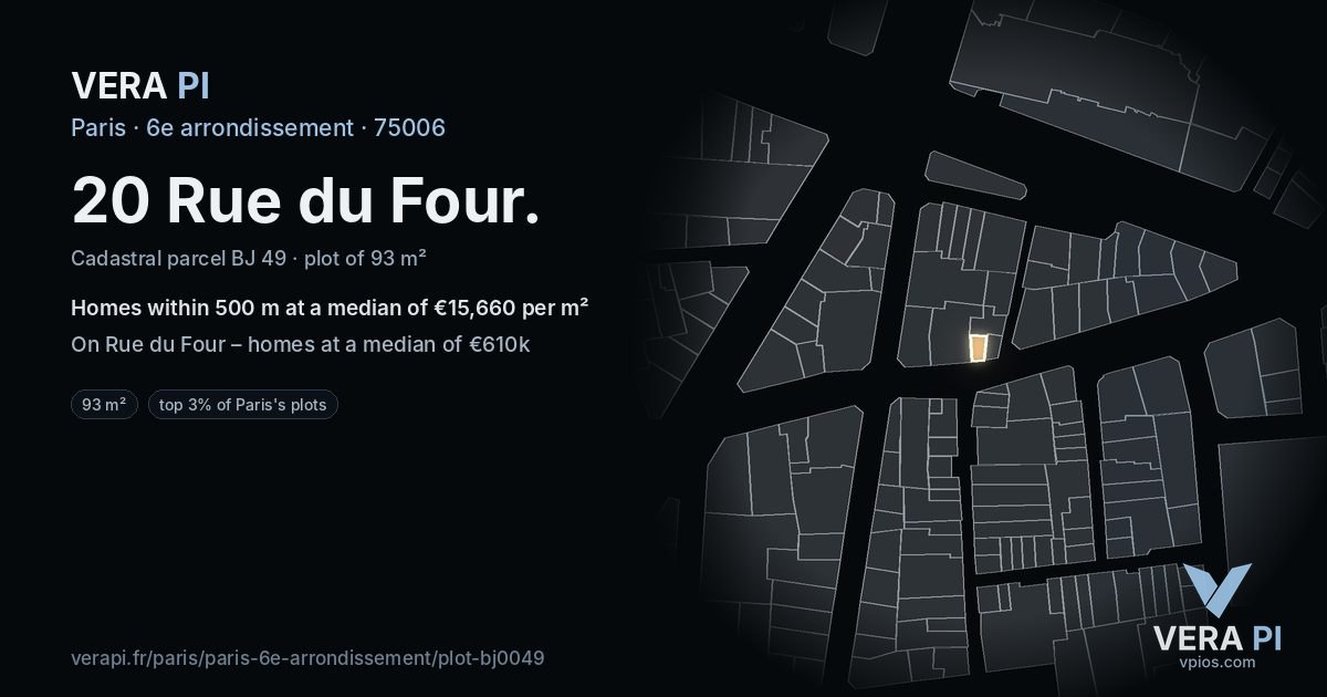 20 Rue du Four, 6e arrondissement at night – the plot lit, the parcels around coloured by the prices near them