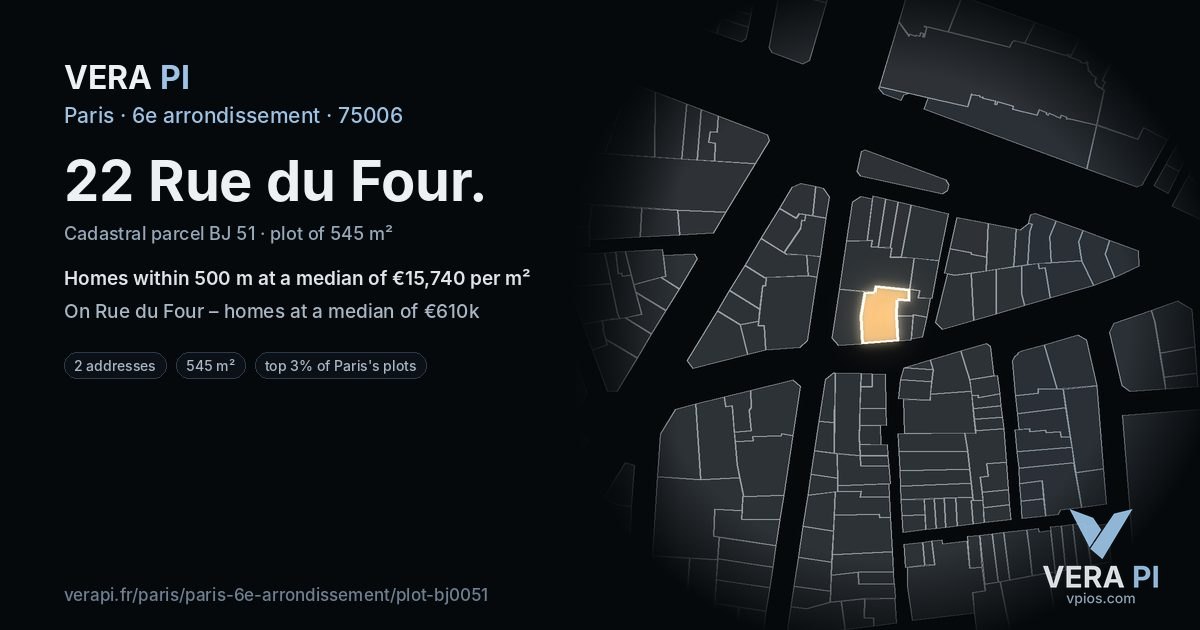 22 Rue du Four, 6e arrondissement at night – the plot lit, the parcels around coloured by the prices near them