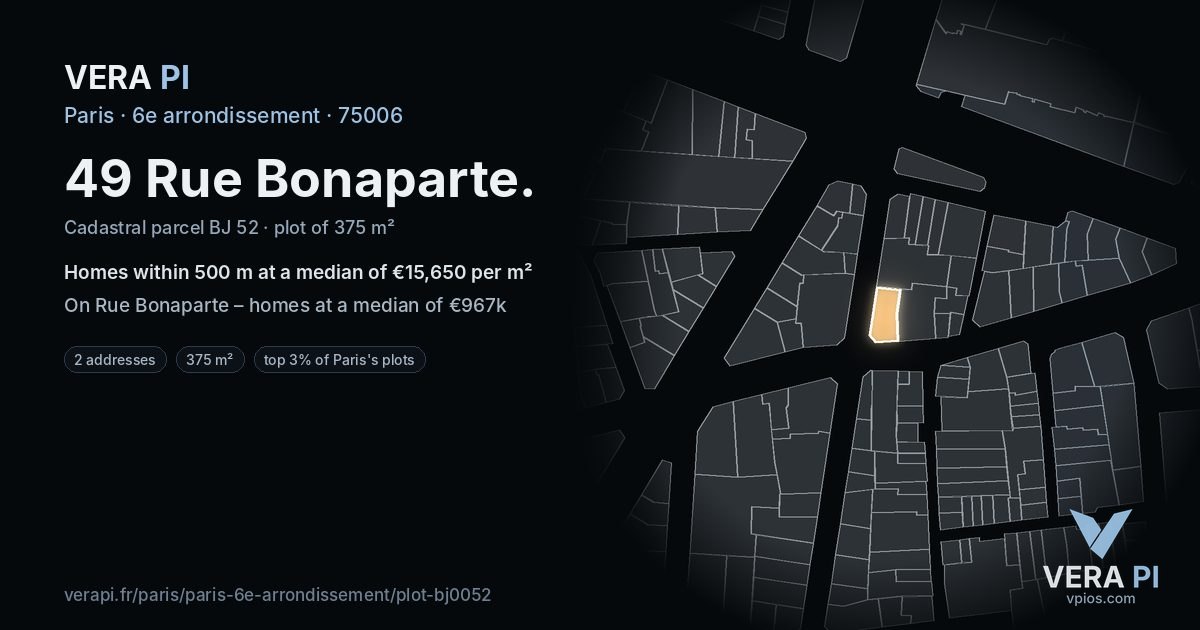 49 Rue Bonaparte, 6e arrondissement at night – the plot lit, the parcels around coloured by the prices near them