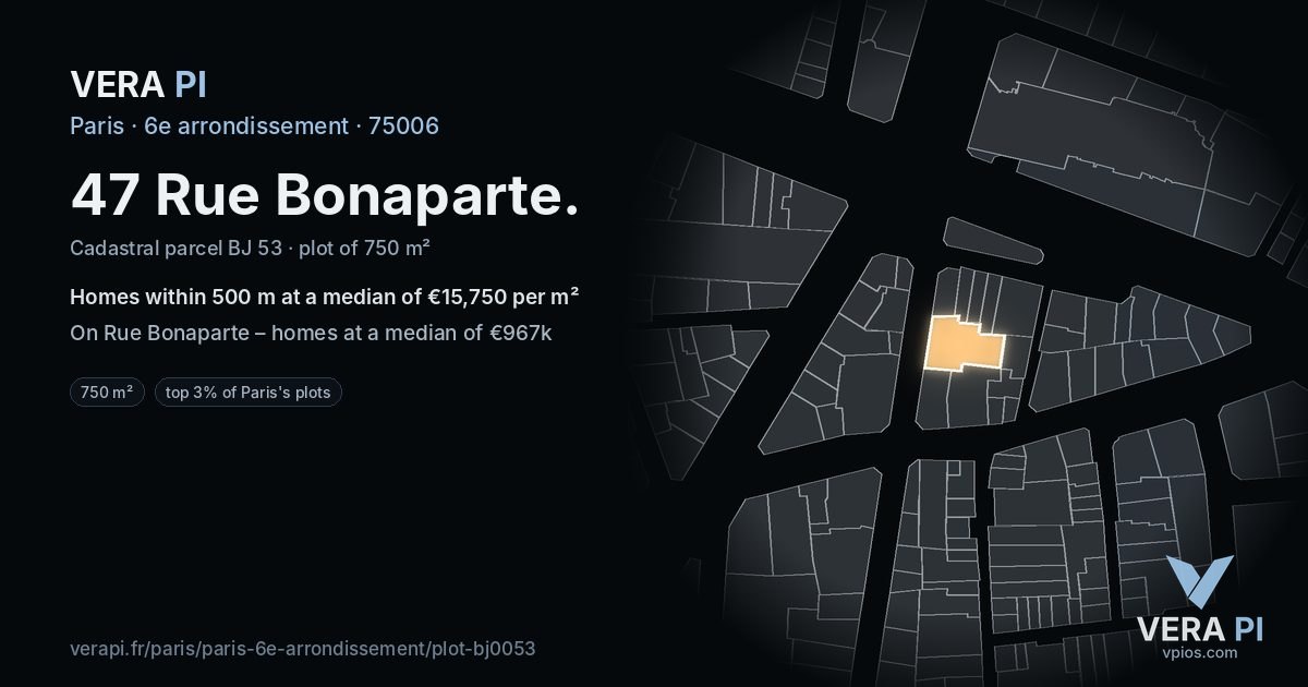 47 Rue Bonaparte, 6e arrondissement at night – the plot lit, the parcels around coloured by the prices near them