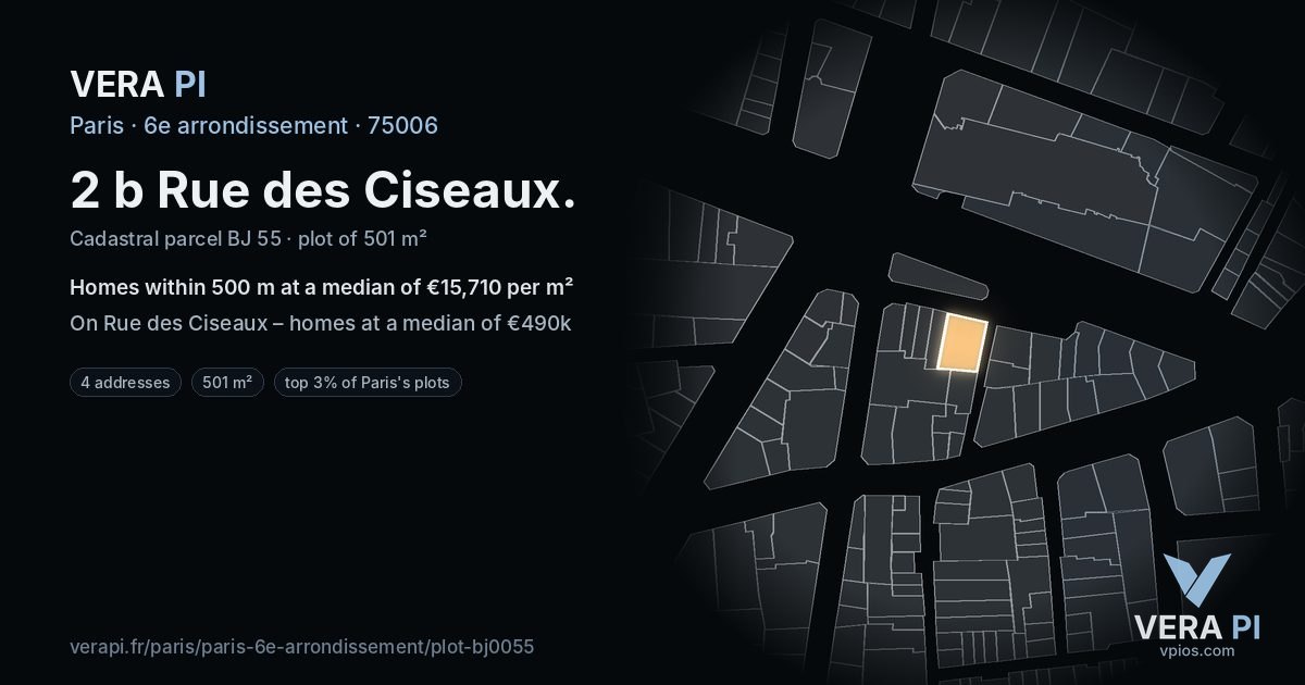 2 b Rue des Ciseaux, 6e arrondissement at night – the plot lit, the parcels around coloured by the prices near them