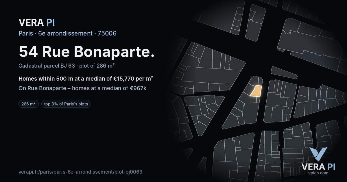 54 Rue Bonaparte, 6e arrondissement at night – the plot lit, the parcels around coloured by the prices near them