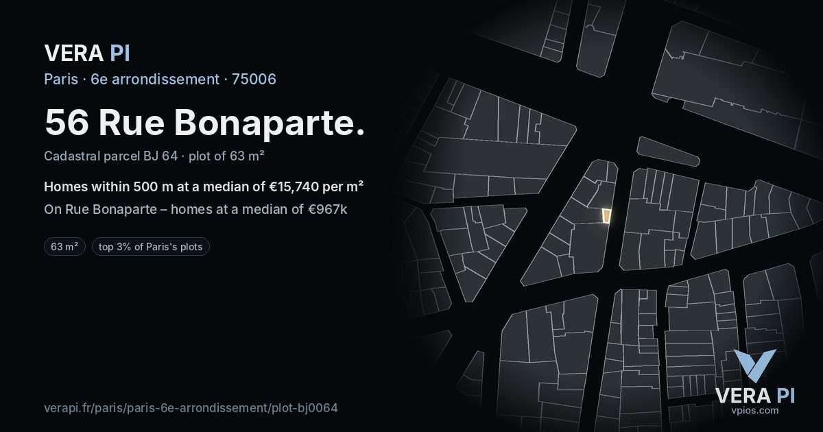 56 Rue Bonaparte, 6e arrondissement at night – the plot lit, the parcels around coloured by the prices near them