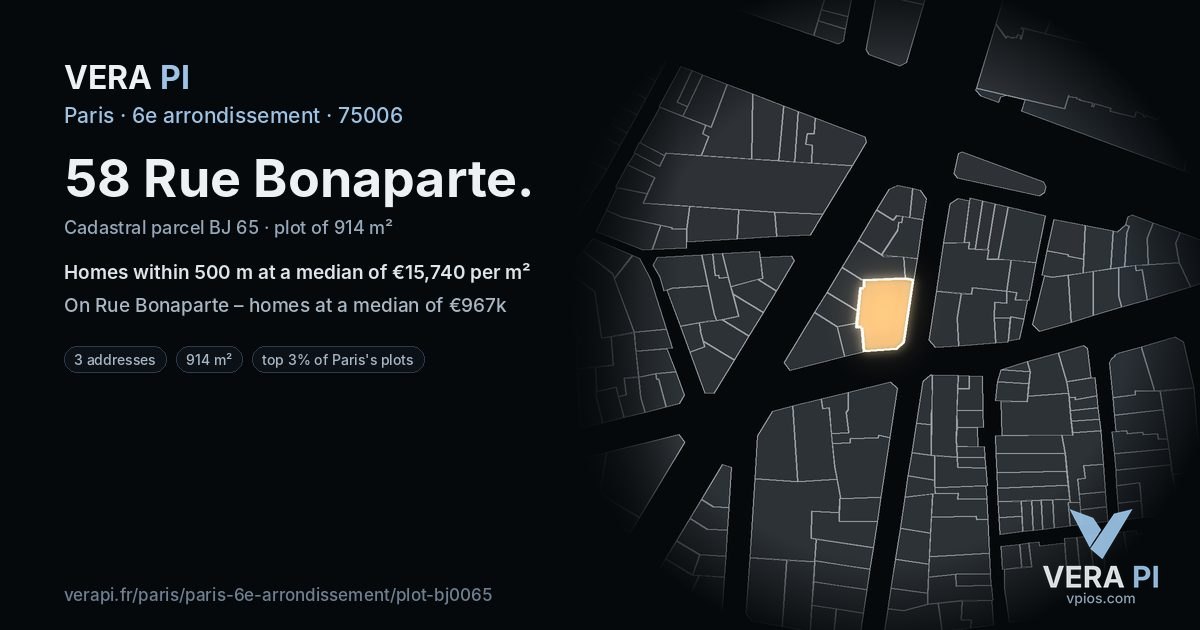 58 Rue Bonaparte, 6e arrondissement at night – the plot lit, the parcels around coloured by the prices near them