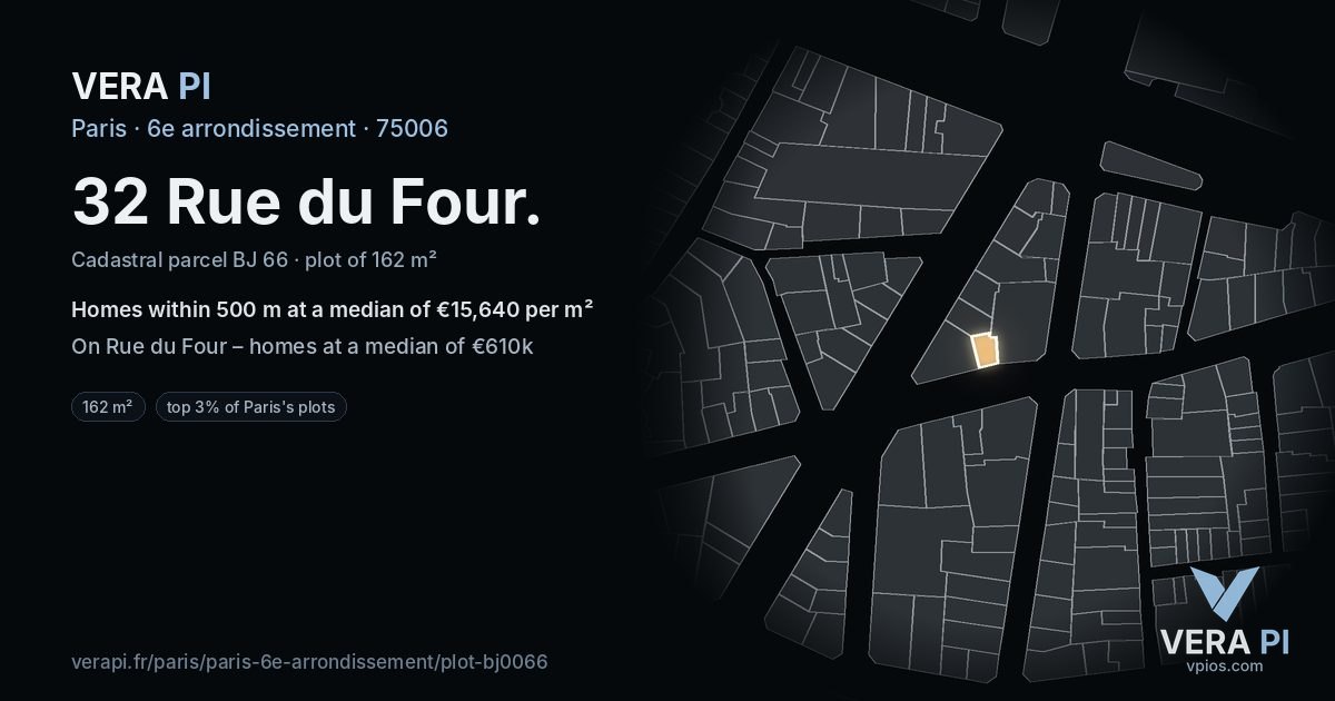 32 Rue du Four, 6e arrondissement at night – the plot lit, the parcels around coloured by the prices near them