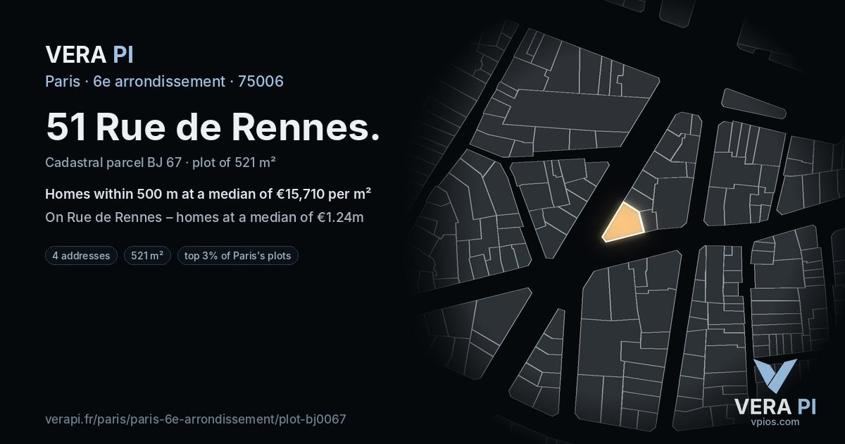 51 Rue de Rennes, 6e arrondissement at night – the plot lit, the parcels around coloured by the prices near them