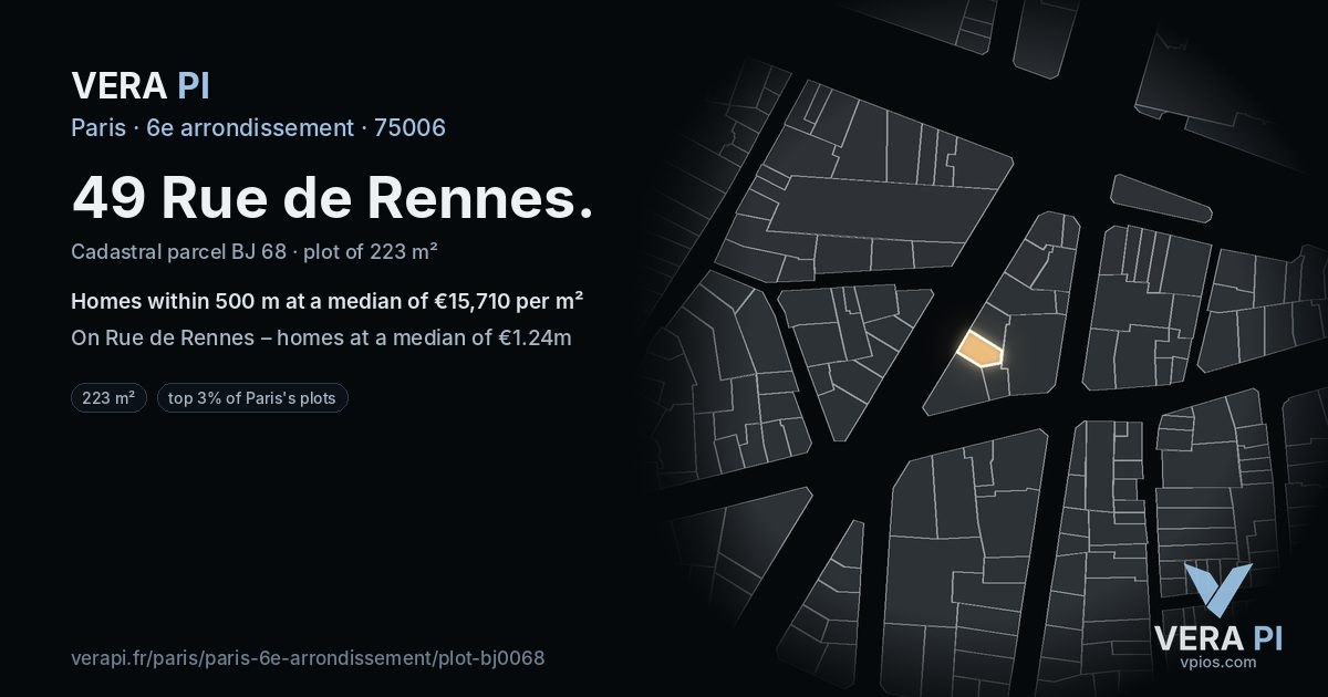 49 Rue de Rennes, 6e arrondissement at night – the plot lit, the parcels around coloured by the prices near them