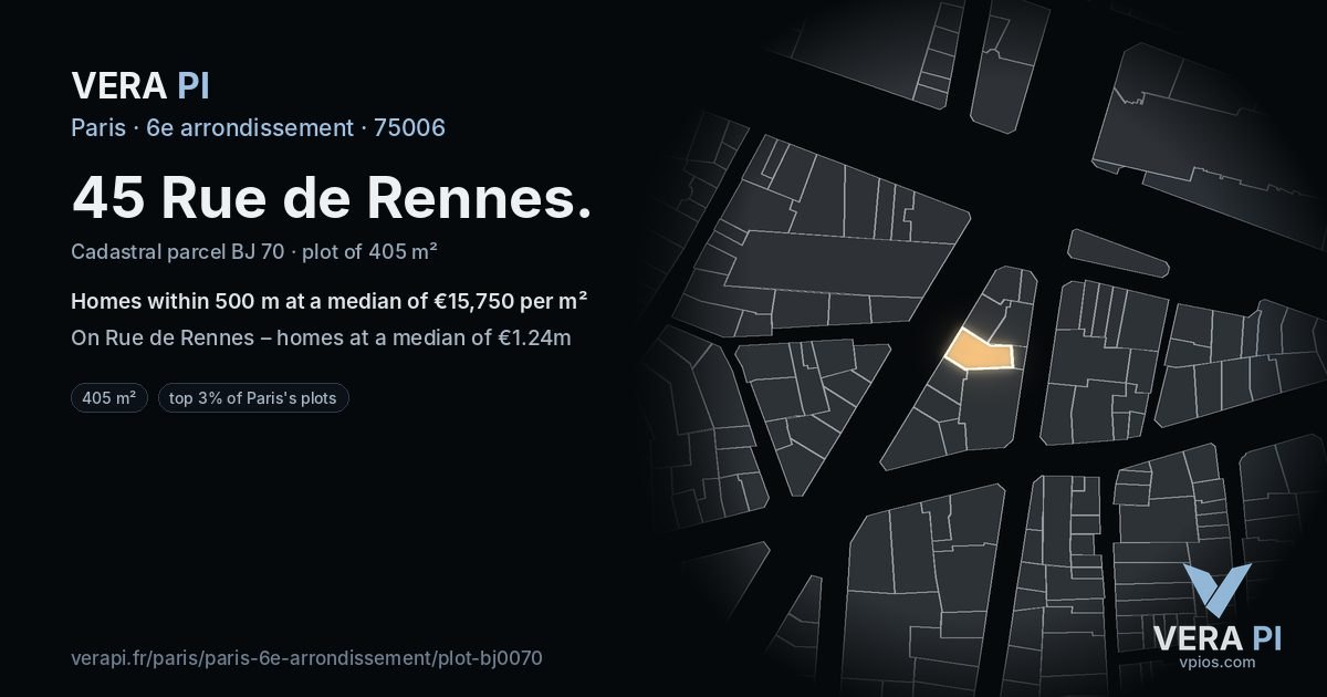 45 Rue de Rennes, 6e arrondissement at night – the plot lit, the parcels around coloured by the prices near them
