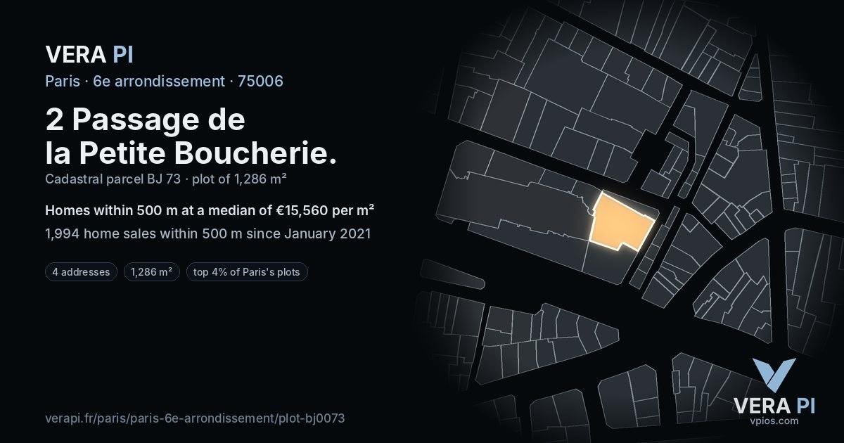 2 Passage de la Petite Boucherie, 6e arrondissement at night – the plot lit, the parcels around coloured by the prices near them