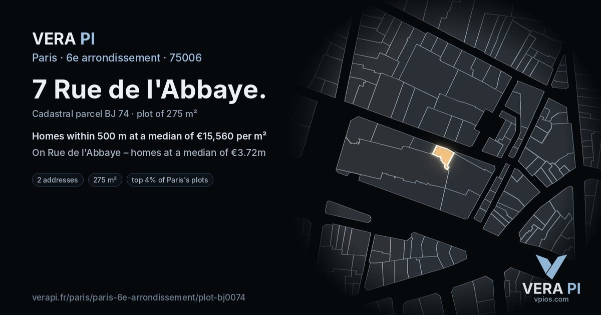 7 Rue de l'Abbaye, 6e arrondissement at night – the plot lit, the parcels around coloured by the prices near them