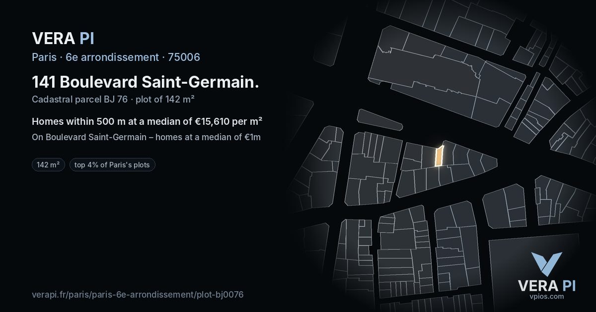 141 Boulevard Saint-Germain, 6e arrondissement at night – the plot lit, the parcels around coloured by the prices near them