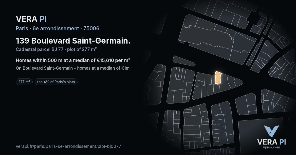 139 Boulevard Saint-Germain, 6e arrondissement at night – the plot lit, the parcels around coloured by the prices near them