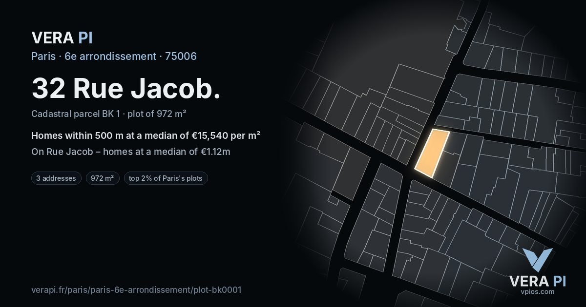 32 Rue Jacob, 6e arrondissement at night – the plot lit, the parcels around coloured by the prices near them