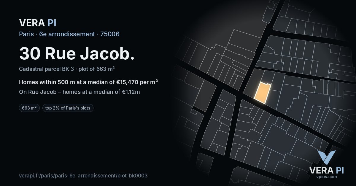 30 Rue Jacob, 6e arrondissement at night – the plot lit, the parcels around coloured by the prices near them
