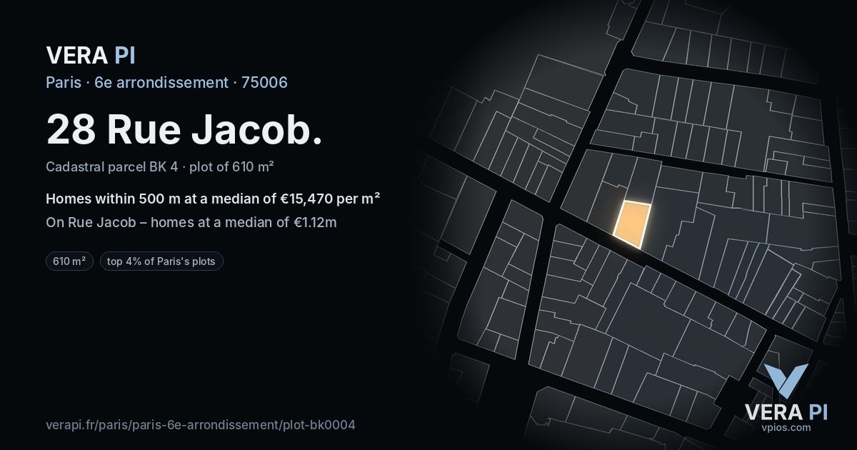 28 Rue Jacob, 6e arrondissement at night – the plot lit, the parcels around coloured by the prices near them